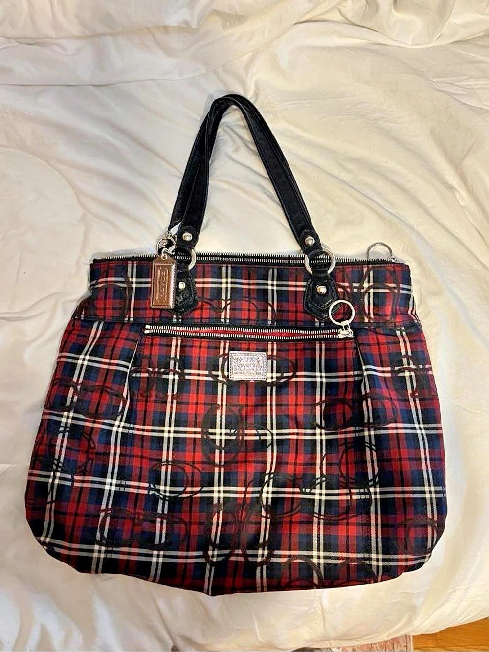 Coach Pop Legacy Plaid Poppy Tote Shoulder Bag Red & Black